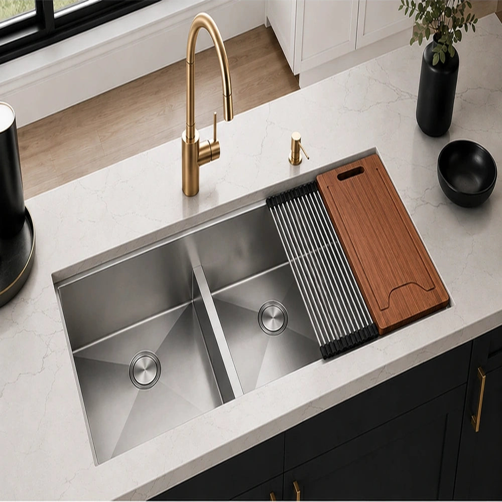 32" Undermount Double Bowl Workstation Kitchen Sink