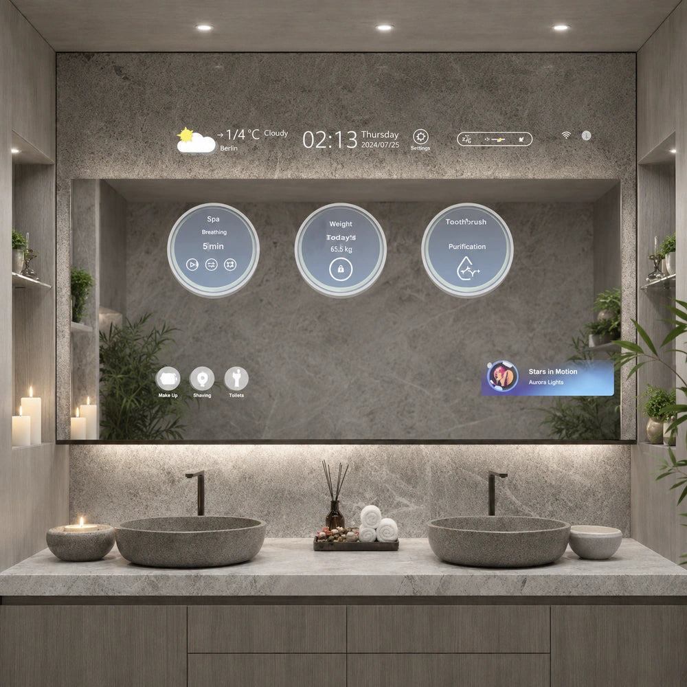 76" x 44" rectangular framed LED smart TV mirror