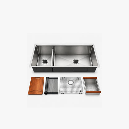 60" Low Divide Undermount Double Bowl Workstation Kitchen Sink